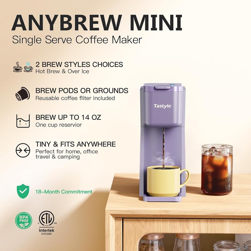 Tastyle Mini Hot and Iced Coffee Maker Single Serve, for K Cup and Ground, 6 to 14 Oz Brew Sizes, with Recipe Book, for Home, Travel, RV, Office and Dorm, Violet - Image 2